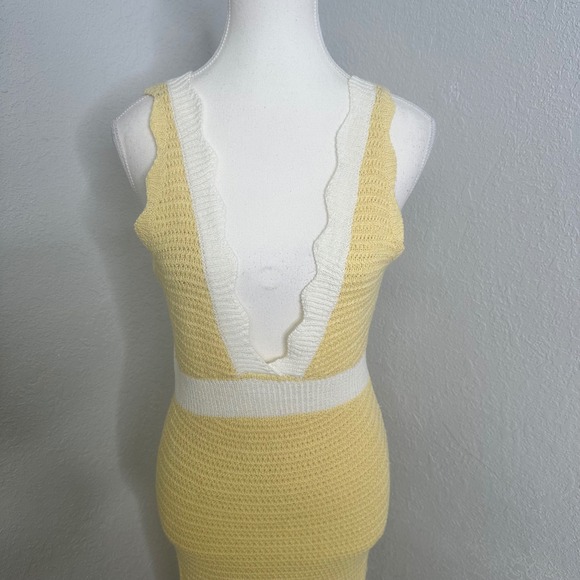 Fortunate One Yellow White Crochet Maxi Dress Lace Up Back Deep V Neck - Picture 5 of 10